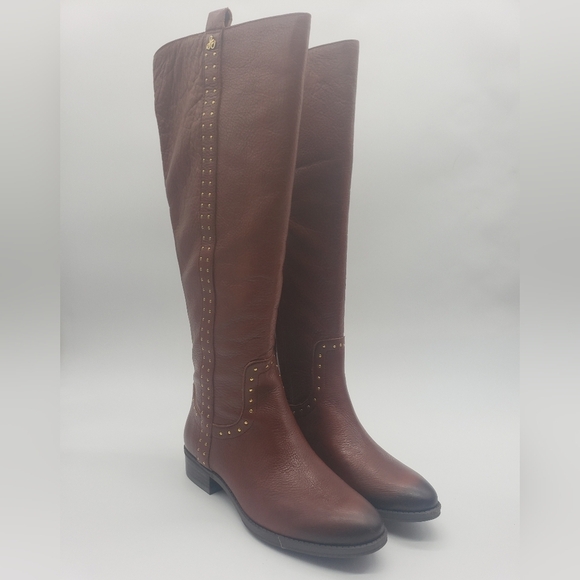 376- Sam Edelman Prina2 Red Wood Leather Women's Boots Size 6.5 Wide Calf NWT - Picture 1 of 12
